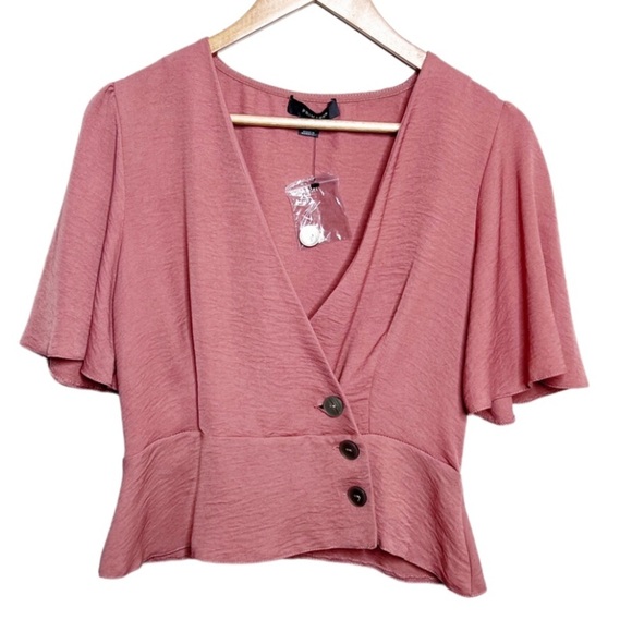 Primark Tops - Primark Womens Short Sleeve Wrap Button Dusty Rose Peplum Formal Crop Top Blouse